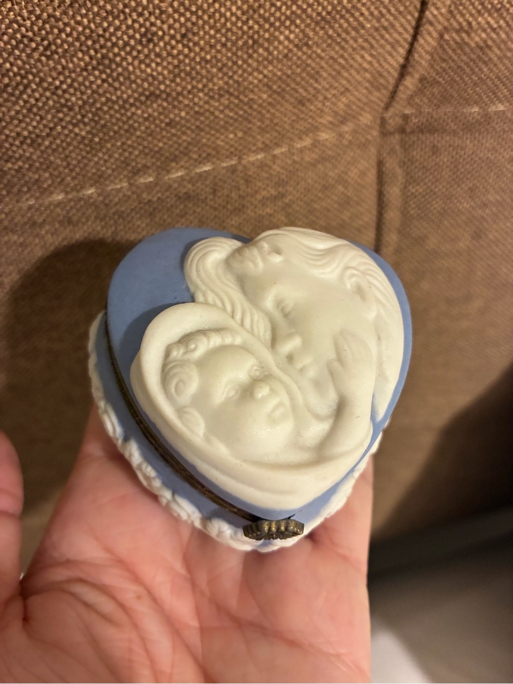 Porcelain Heart Trinket Box with Mother and Child Relief - Blue and White
